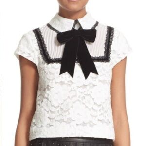 Alice + Olivia Vanetta Pintuck White Lace Blouse with black velvet bow